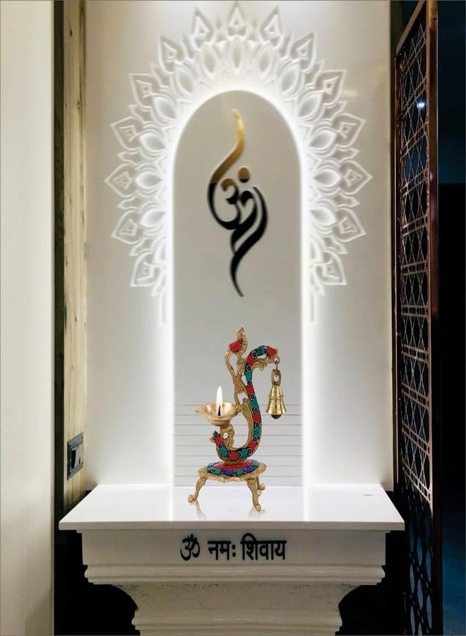 DEVDECOR Brass Peacock Design Diya with Bell - Gemstone Work Ethnic Antique Oil Lamp | Traditional Brass Diya for Home Temple Décor, Pooja Room & Festival Decoration, Standard Size, Pack of 1 - Image 2